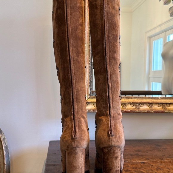 AUTHENTIC Saint Laurent *Ella* Studded Brown Suede Knee Boots IT 37/US 7 - Picture 5 of 16